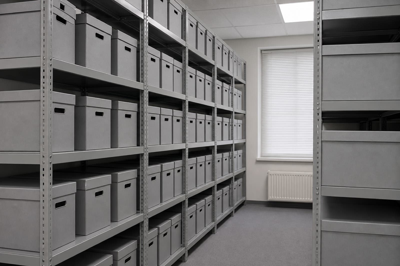 Quiet records room with archive boxes