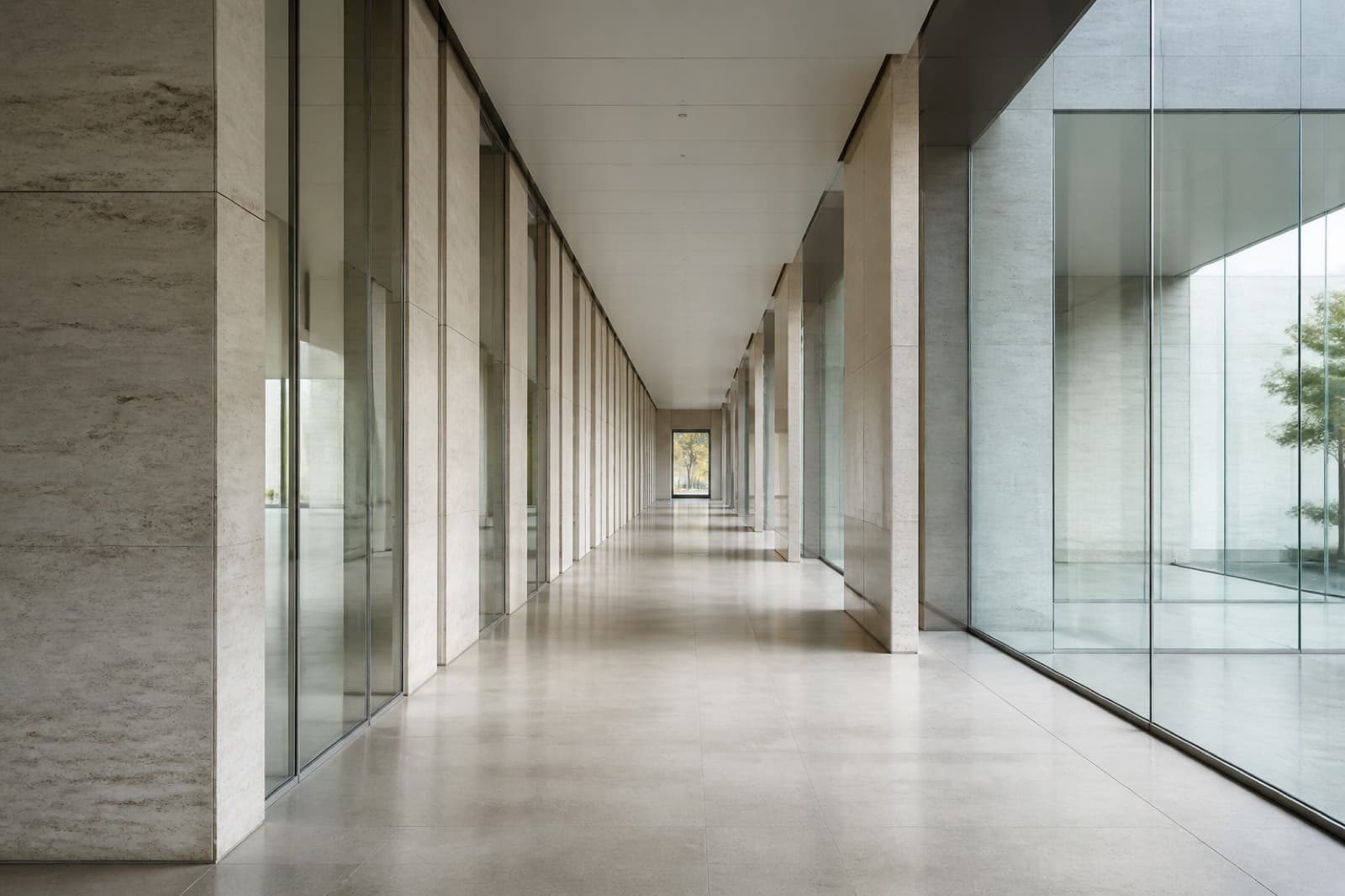 Long stone and glass corridor