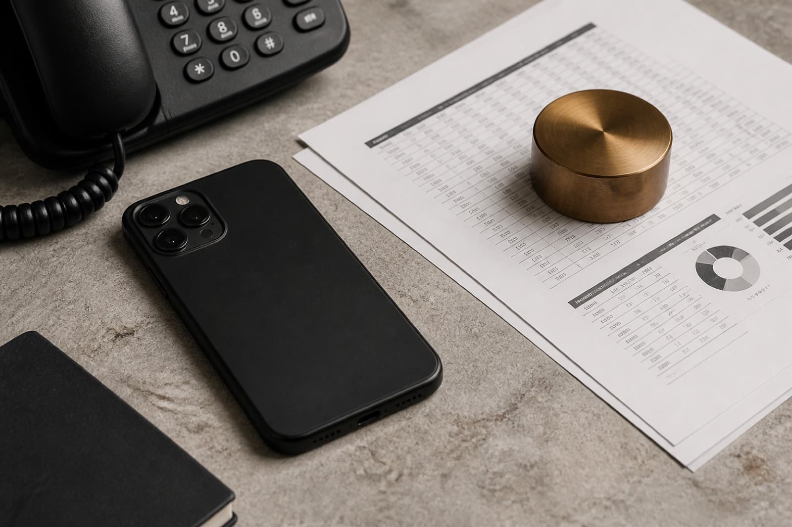 Phone, papers and a landline on a desk