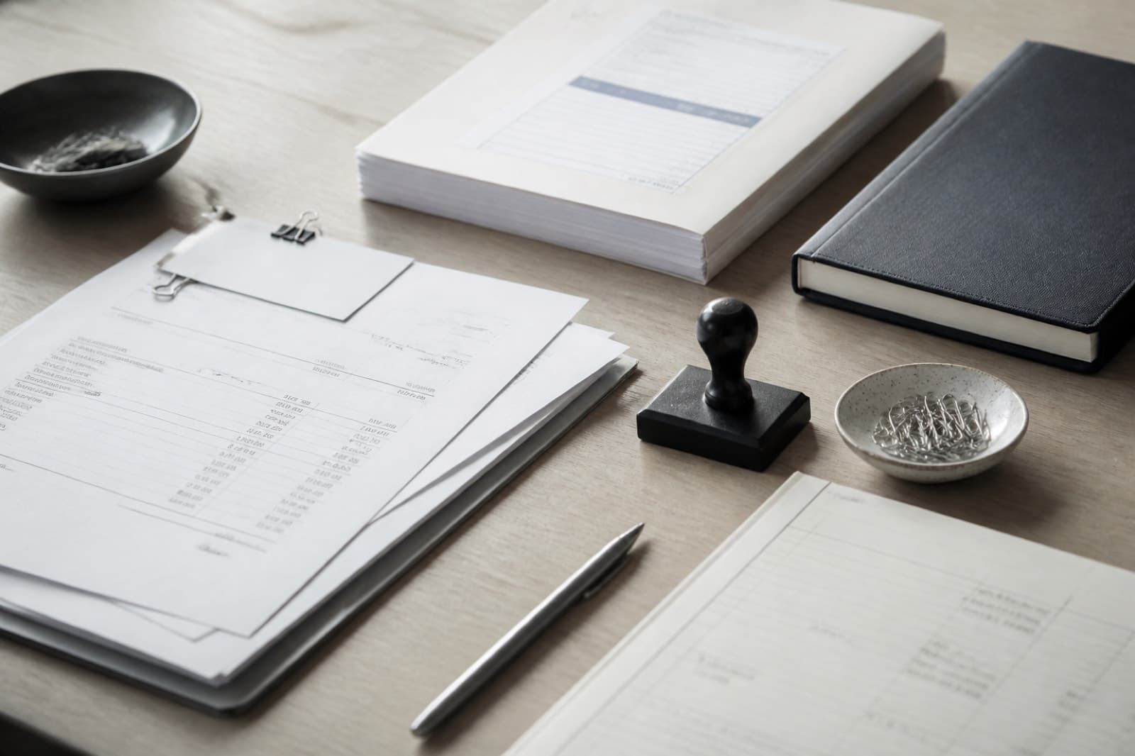 Invoices, ledgers and a stamp on a pale desk