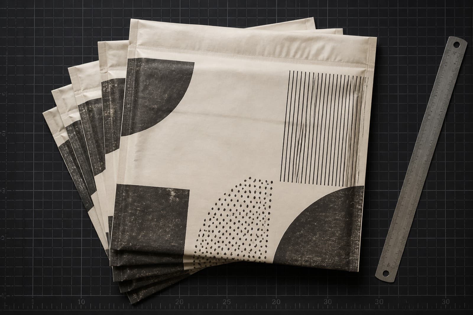 Stacked printed mailers on a drafting table