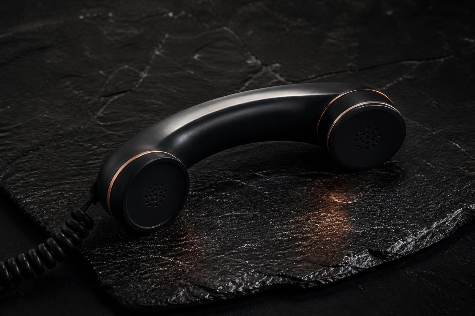 Telephone handset on a dark desk